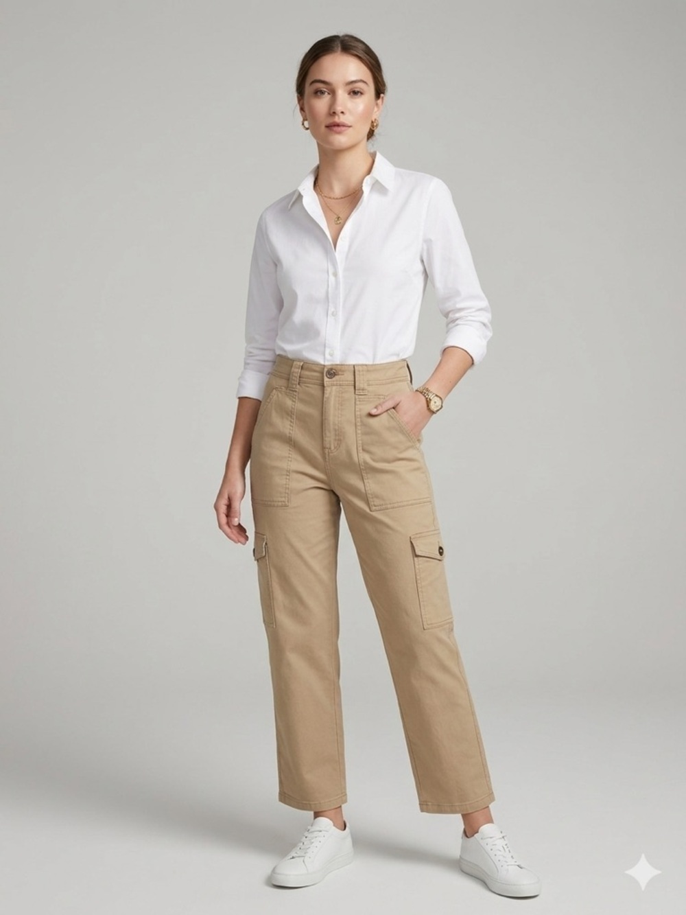 Kensi Pale Khaki Cargo Cropped Safari Pants High Rise Utility Straight Leg 10/30